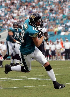 JACKSONVILLE, FL - SEPTEMBER 28: Matt Jones #18 of the Jacksonville Jaguars runs for a touchdown against the Houston Texans at Jacksonville Municipal Stadium on September 28, 2008 in Jacksonville, Florida. (Photo by Sam Greenwood/Getty Images)