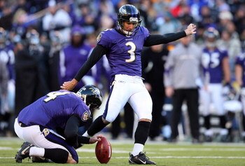 BALTIMORE - NOVEMBER 23:  Matt Stover #3 of the Baltimore Ravens kicks a field goal against the Philadelphia Eagles on November 23, 2008 at M&T Bank Stadium in Baltimore, Maryland. The Ravens defeated the Eagles 36-7.  (Photo by Jim McIsaac/Getty Images)