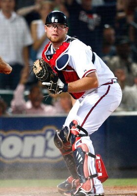 ATLANTA - JUNE 25:  Catcher Brian McCann #16 of the Atlanta Braves against the New York Yankees at Turner Field on June 25, 2009 in Atlanta, Georgia.  (Photo by Kevin C. Cox/Getty Images)