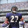 BALTIMORE - SEPTEMBER 27:  Ray Rice #27 of the Baltimore Ravens celebrates his first career touchdown against the Cleveland Browns at M&T Bank Stadium on September 27, 2009 in Baltimore, Maryland. The Ravens defeated the Browns 34-3. (Photo by Larry Frenc