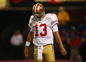 MINNEAPOLIS - SEPTEMBER 27: Shaun Hill #13 of the San Francisco 49ers reacts after loosing the ball to the Minnesota Vikings in the 1st quarter at the Hubert H. Humphrey Metrodome on September 27, 2009 in Minneapolis, Minnesota. The Vikings defeated the 4