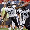 HOUSTON - SEPTEMBER 27:  Cornerback Rasheem Mathis #27 of the Jacksonville Jaguars celebrates with safety Reggie Nelson after intercepting a pass meant for  wide receiver Andre Johnson #80 of the Houston Texans at Reliant Stadium on September 27, 2009 in 