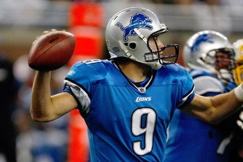 DETROIT, MI - SEPTEMBER 27: Quarterback Matthew Stafford #9 of the Detroit Lions passes the football against the Washington Redskins at Ford Field on September 27, 2009 in Detroit, Michigan. The Lions defeated the Redskins 19-14. (Photo by Scott Boehm/Get