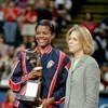 17 Aug 2000:  Sheryl Swoops #22 of the Houston Comets poses with her trophy and WNBA President Val Ackerman after the WNBA Playoff Game 1 against the  Los Angeles Sparks at the Compaq Center in Houston, Texas.  The Comets defeated the Sparks 77-56.  NOTE 