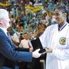 26 Aug 2001:   Lisa Leslie #9 of the Los Angeles Sparks receives the WNBA Most Valuable Player trophy from Kirk Rimsnider, Regional Divisional Marketing Manager for the Buick Motor Division prior to game two of the Western Conference Finals against the Sa