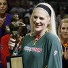 AUBURN HILLS, MI - SEPTEMBER 05: Lauren Jackson #15 of the Seattle Storm holds up her trophy after being named WNBA Most Valuable Player for 2007 prior to Game One of the WNBA Finals at the Palace of Auburn Hills on September 5, 2007 in Auburn Hills, Mich