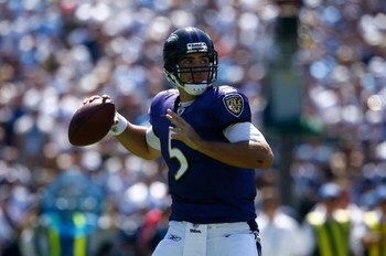 SAN DIEGO - SEPTEMBER 20:  Quarterback Joe Flacco #5 of the Baltimore Ravens plays against the San Diego Chargers at Qualcomm Stadium on September 20, 2009 in San Diego, California.  (Photo by Jeff Gross/Getty Images)