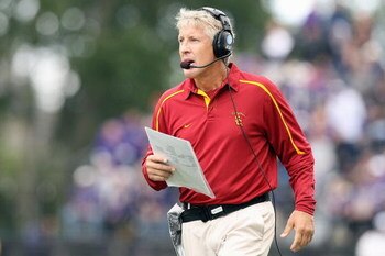 SEATTLE - SEPTEMBER 19:  Head coach Pete Carroll  of the USC Trojans walks on the sidelines during the game against the Washington Huskies on September 19, 2009 at Husky Stadium in Seattle, Washington. The Huskies defeated the Trojans 16-13. (Photo by Ott