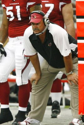 GLENDALE, AZ - SEPTEMBER 30:  Offensive line coach Russ Grimm of the Arizona Cardinals watches from sideline during a 21-14 win over the Pittsburgh Steelers at University of Phoenix Stadium on September 30, 2007 in Glendale, Arizona.  (Photo by Kevin Terr