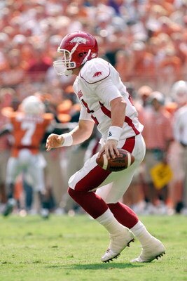 AUSTIN, TX - SEPTEMBER 27:  Quarterback Casey Dick #11 of the Arkansas Razorbacks moves to pass the ball during the game against the Texas Longhorns on September 27, 2008 at Darrell K Royal-Texas Memorial Stadium in Austin, Texas.  Texas won 52-10.  (Phot