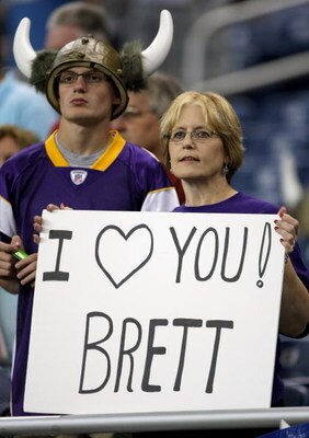 DETROIT - SEPTEMBER 20:  A Vikings fan holds a sign for Brett Favre of the Minnesota Vikings before the  game with the Detroit Lions at Ford Field on September 20, 2009 in Detroit, Michigan. (Photo by Stephen Dunn/Getty Images)