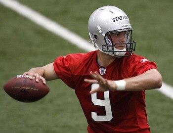 ALLEN PARK, MI - MAY 01: Matt Stafford #9 of the Detroit Lions throws during rookie orientation camp at the Detroit Lions Headquarters and Training Facility on May 1, 2009 in Allen Park, Michigan.  (Photo by Gregory Shamus/Getty Images)