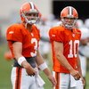 BEREA, OH - AUGUST 07:  Brady Quinn #10 of the Cleveland Browns talks with Derek Anderson #3 during training camp at the Cleveland Browns Training and Administrative Complex on August 7, 2009 in Berea, Ohio.  (Photo by Gregory Shamus/Getty Images)