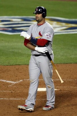 LOS ANGELES, CA - OCTOBER 07:  Albert Pujols #5 of the St. Louis Cardinals looks on against the Los Angeles Dodgers in Game One of the NLDS during the 2009 MLB Playoffs at Dodger Stadium on October 7, 2009 in Los Angeles, California.  (Photo by Stephen Du