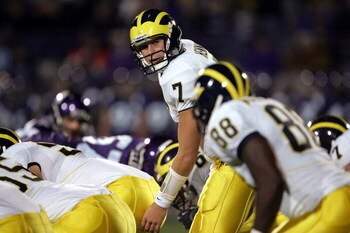 EVANSTON, IL - OCTOBER 29:  Quarterback Chad Henne #7 of the Michigan Wolverines calls a play at the line during a game against the Northwestern Wildcats on October 29, 2005 at Ryan Field at Northwestern University in Evanston, Illinois.  (Photo by Jonath