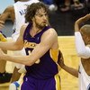 ORLANDO, FL - JUNE 9:  Pau Gasol #16 of the Los Angeles Lakers looks to maneuver against Tony Battie #4 of the Orlando Magic in Game Three of the 2009 NBA Finals on June 9, 2009 at Amway Arena in Orlando, Florida.  The Magic won 108-104.  NOTE TO USER:  U
