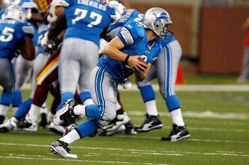 DETROIT, MI - SEPTEMBER 27: Quarterback Matthew Stafford #9 of the Detroit Lions runs with the football against the Washington Redskins at Ford Field on September 27, 2009 in Detroit, Michigan. The Lions defeated the Redskins 19-14. (Photo by Scott Boehm/