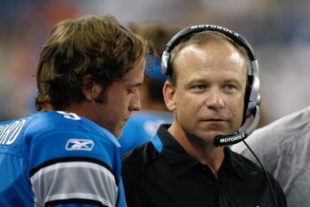 DETROIT, MI - AUGUST 15: Quarterback Matthew Stafford #9 of the Detroit Lions talks with Scott Linehan on the sidelines against the Atlanta Falcons at Ford Field on August 15, 2009 in Detroit, Michigan.The Lions defeated the Falcons 27-26. (Photo by Scott