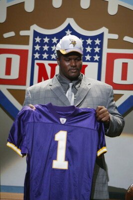NEW YORK - APRIL 20:   Bryant McKinnie of Miami is selected as the seventh player in the NFL draft by the Minnesota Vikings at the Theatre in Madison Square Garden in New York City, New York on April 20, 2002..   Digital Image. (Photo by Al Bello/Getty Im