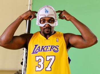 EL SEGUNDO, CA - SEPTEMBER 29: Ron Artest #37 of the Los Angeles Lakers hwears a mask while taping a public announcement for the Los Angeles Dodgers during Lakers media day at the Lakers training facility on September 29, 2009 in El Segundo, California. N