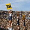 SOUTH BEND, IN - SEPTEMBER 19: Cheerleaders for the Notre Dame Fighting Irish perform during a game against the Michigan State Spartans on September 19, 2009 at Notre Dame Stadium in South Bend, Indiana. Notre Dame defeated Michigan State 33-30. (Photo by