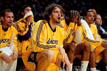 LOS ANGELES, CA - MAY 19: (M) Pau Gasol #16 of the Los Angeles Lakers yells from the bench in the fourth quarter against the Denver Nuggets in Game One of the Western Conference Finals during the 2009 NBA Playoffs at Staples Center on May 19, 2009 in Los