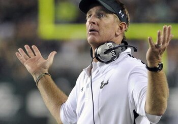 TAMPA, FL - SEPTEMBER 12: Coach Jim Leavitt of the University of South Florida Bulls directs play against the Kansas University Jayhawks at Raymond James Stadium on September 12, 2008 in Tampa, Florida.  (Photo by Al Messerschmidt/Getty Images) 
