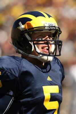 ANN ARBOR, MI - SEPTEMBER 19:  Quarterback Tate Forcier #5 of the Michigan Wolverines looks on in the game against the Eastern Michigan Eagles at Michigan Stadium on September 19, 2009 in Ann Arbor, Michigan.  Michigan won 45-17.  (Photo by Stephen Dunn/G