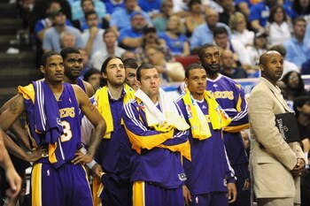 ORLANDO, FL - JUNE 14:  The Los Angeles Lakers bench players watch from the sideline during Game Five of the 2009 NBA Finals against the Orlando Magic on June 14, 2009 at Amway Arena in Orlando, Florida. The Lakers won 99-86.  NOTE TO USER:  User expressl