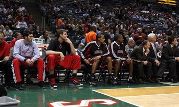 MILWAUKEE - FEBRUARY 18: (L-R) Kirk Hinrich #12, Aaron Gray #34, Thabo Sefolosha #2 and Lindsey Hunter #11 of the Chicago Bulls make up the bench players during a game against the Milwaukee Bucks on February 18, 2009 at the Bradley Center in Milwaukee, Wi
