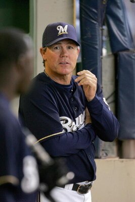MILWAUKEE - MAY 29: Manager Ned Yost #3 of the Milwaukee Brewers watches as his team takes on the Atlanta Braves on May 29, 2008 at Miller Park in Milwaukee, Wisconsin. The Braves defeated the Brewers 8-1. (Photo by Jonathan Daniel/Getty Images)