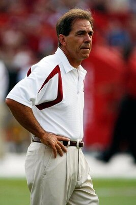 TUSCALOOSA, AL - SEPTEMBER 01:  Head Coach Nick Saban of Alabama watches practice before taking on Western Carolina on September 1, 2007 at Bryant-Denny Stadium in Tuscaloosa, Alabama.  (Photo by Chris Graythen/Getty Images)