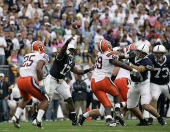 STATE COLLEGE, PA - SEPTEMBER 12: Quarterback Daryll Clark #17 of the Penn State Nittany Lions throws a pass against the Syracuse Orangemen during the first half against the Penn State Nittany Lions at Beaver Stadium  September 12, 2009 in State College, 