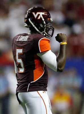 ATLANTA - SEPTEMBER 05:  Quarterback Tyrod Taylor #5 of the Virginia Tech Hokies against the Alabama Crimson Tide during the Chick-fil-A Kickoff Game at Georgia Dome on September 5, 2009 in Atlanta, Georgia.  (Photo by Kevin C. Cox/Getty Images)
