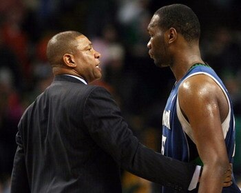 BOSTON - FEBRUARY 01:  Head coach Doc Rivers of the Boston Celtics talks to Al Jefferson #25 of Minnesota Timberwolves after the game on February 1, 2009 at TD Banknorth Garden in Boston, Massachusetts. The Celtics defeated the Minnesota Timberwolves 109-