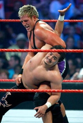 LAS VEGAS - AUGUST 24:  Wrestlers Jack Swagger (top) and Primo compete during the WWE Monday Night Raw show at the Thomas & Mack Center August 24, 2009 in Las Vegas, Nevada.  (Photo by Ethan Miller/Getty Images)