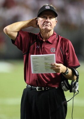 RALEIGH, NC - SEPTEMBER 03:  Head coach Steve Spurrier of the South Carolina Gamecocks watches on from the sidelines against the North Carolina State Wolfpack during their game at Carter-Finley Stadium on September 3, 2009 in Raleigh, North Carolina.  (Ph