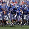 LAWRENCE, KS - SEPTEMBER 19: The Kansas Jayhawks jog onto the field before the game against the Duke Blue Devils on Kivisto Field at Memorial Stadium on September 19, 2009 in Lawrence, Kansas. (Photo by Jamie Squire/Getty Images)