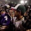 MINNEAPOLIS - OCTOBER 05:  Quarterback Brett Favre #4 of the Minnesota Vikings hugs Aaron Rodgers #12 of the Green Bay Packers following the Vikings victory over the Packers on October 5, 2009 at Hubert H. Humphrey Metrodome in Minneapolis, Minnesota.  (P