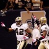 NEW ORLEANS - OCTOBER 04:  Darren Sharper #42 of the New Orleans Saints celebrates after scoring a touchdown on an interception against the New York Jets at the Louisana Superdome on October 4, 2009 in New Orleans, Louisiana.  (Photo by Chris Graythen/Get
