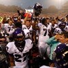 CLEMSON, SC - SEPTEMBER 26:  Team members of the TCU Horned Frogs celebrate after a 14-10 victory over the Clemson Tigers during their game at Memorial Stadium on September 26, 2009 in Clemson, South Carolina.  (Photo by Streeter Lecka/Getty Images)