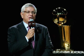 SAN ANTONIO - OCTOBER 30:  NBA Commissioner David Stern talks to the crowd during the ring ceremony for the San Antonio Spurs before the take on the Portland Trail Blazers on October 30, 2007 at AT&T Center in San Antonio, Texas.  NOTE TO USER: User expre