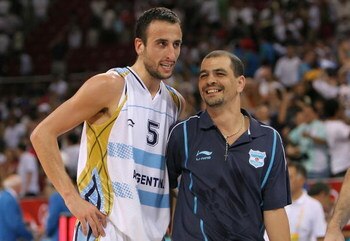 BEIJING - AUGUST 20:  Manu Ginobili #5 of Argentina and head coach Sergio Santos Hernandez embrace after winning the men's basketball quarterfinal game 80-78 over Greece at the Olympic Basketball Gymnasium during Day 12 of the Beijing 2008 Olympic Games o