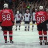 16 Feb 1998:  Eric Lindros (left) and Wayne Gretzky face the USA team  in the final round game of ice hockey at the Big Hat stadium in the 1998 Olympic Winter Games in Nagano, Japan. \ Mandatory Credit: Doug Pensinger /Allsport