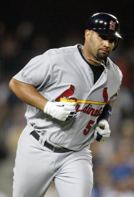LOS ANGELES, CA - AUGUST 17:  Albert Pujols #5 of the St. Louis Cardinals runs the bases after hitting a solo home run in the fourth inning against the Los Angeles Dodgers at Dodger Stadium on August 17, 2009 in Los Angeles, California.  (Photo by Jeff Gr