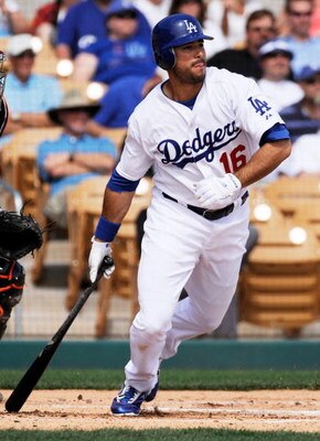 GLENDALE, AZ - MARCH 04:  Andre Eithier #16 of the Los Angeles Dodgers gets a hit against the San Francisco Giants during a spring training game on March 4, 2009, in Glendale, Arizona.  (Photo by Kevork Djansezian/Getty Images)