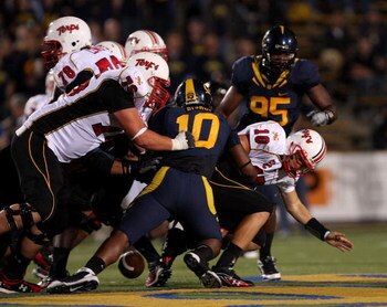 BERKELEY, CA - SEPTEMBER 05:  The California Golden Bears force Chris Turner #10 of the Maryland Terrapins to fumble the ball during the first half of their game at California Memorial Stadium on September 5, 2009 in Berkeley, California.  (Photo by Ezra 