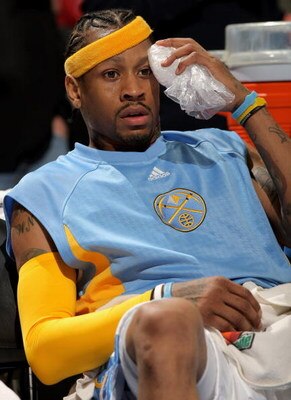 DENVER - MARCH 16:  Allen Iverson #3 of the Denver Nuggets holds ice to his head after leaving the game in the third quarter against the Seattle SuperSonics at the Pepsi Center March 16, 2008 in Denver, Colorado. The Nuggets scored a franchise record 168 