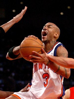 NEW YORK - JANUARY 11:  Stephon Marbury #3 of the New York Knicks drives the lane against the Toronto Raptors on January 11, 2008 at Madison Square Garden in New York City. NOTE TO USER: User expressly acknowledges and agrees that, by downloading and/or u