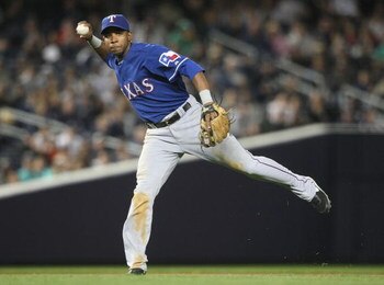 NEW YORK - JUNE 03:  Elvis Andrus #1 of the Texas Rangers throws to first for the out against the New York Yankees on June 3, 2009 at Yankee Stadium in the Bronx borough of New York City.  (Photo by Nick Laham/Getty Images)